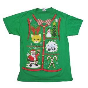UGLY CHRISTMAS Cat T Shirt Size M Snowman Santa Short Sleeve Snowman Green
